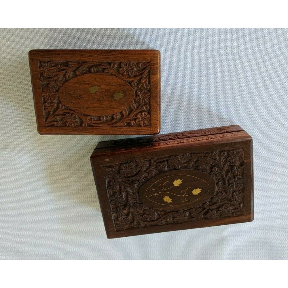 Set of 2 Hand Carved Wood Jewelry Trinket Boxes